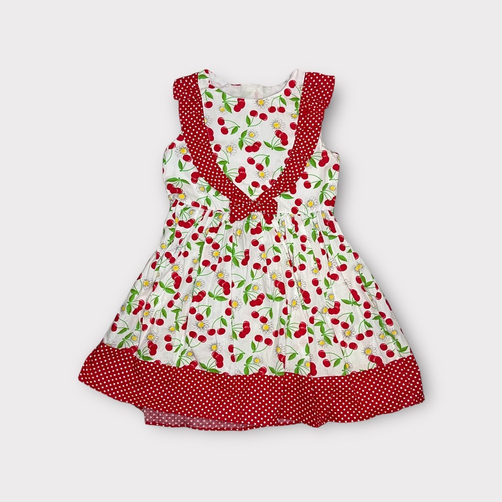 Nannette Kids Red Cherry Vine Floral Polkadot Pattern Sleeveless Dress